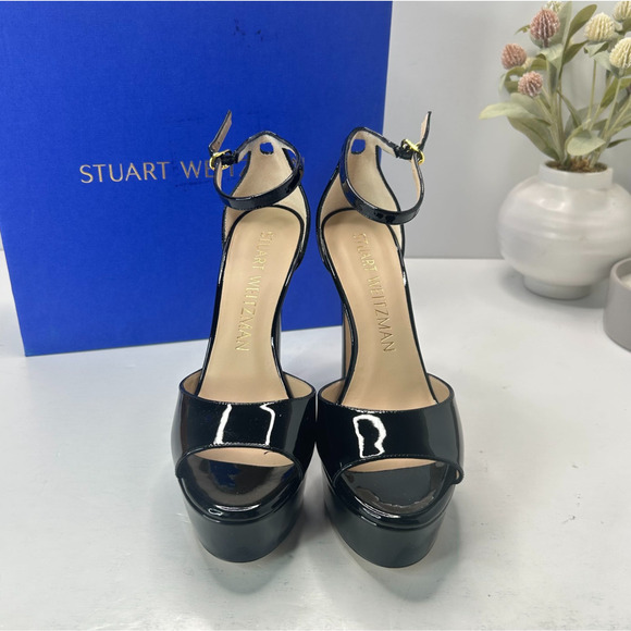 Stuart Weitzman Discoplatform Patent Leather Heels Black Women's 8.5B Tried On - Picture 3 of 12